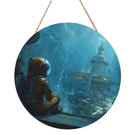 Round Wooden Wall Art – Diver and Underwater Fantasy City, 12in/30cm Thick Wood Waterproof Hanging Artwork