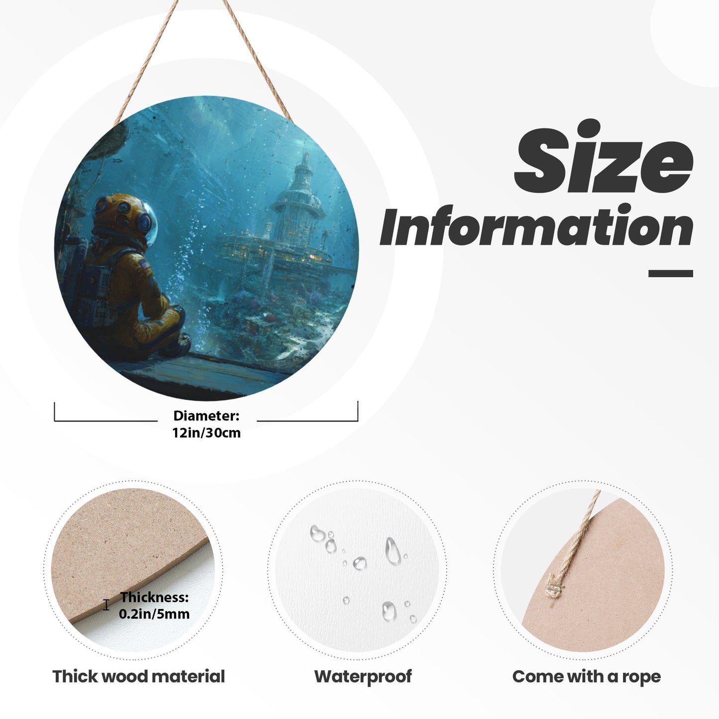 Round Wooden Wall Art – Diver and Underwater Fantasy City, 12in/30cm Thick Wood Waterproof Hanging Artwork