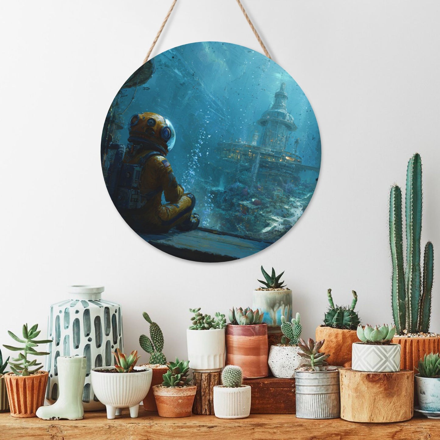 Round Wooden Wall Art – Diver and Underwater Fantasy City, 12in/30cm Thick Wood Waterproof Hanging Artwork