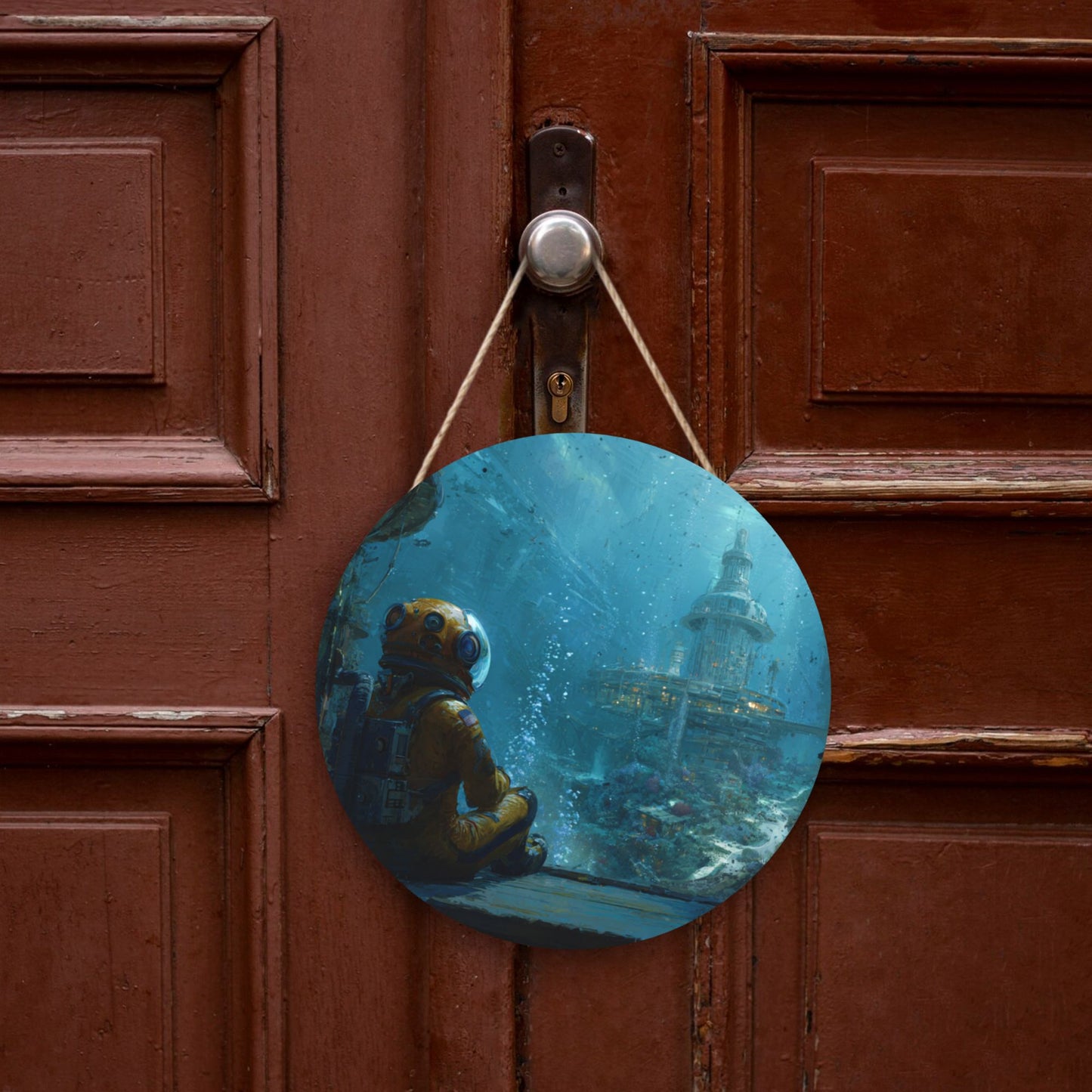 Round Wooden Wall Art – Diver and Underwater Fantasy City, 12in/30cm Thick Wood Waterproof Hanging Artwork