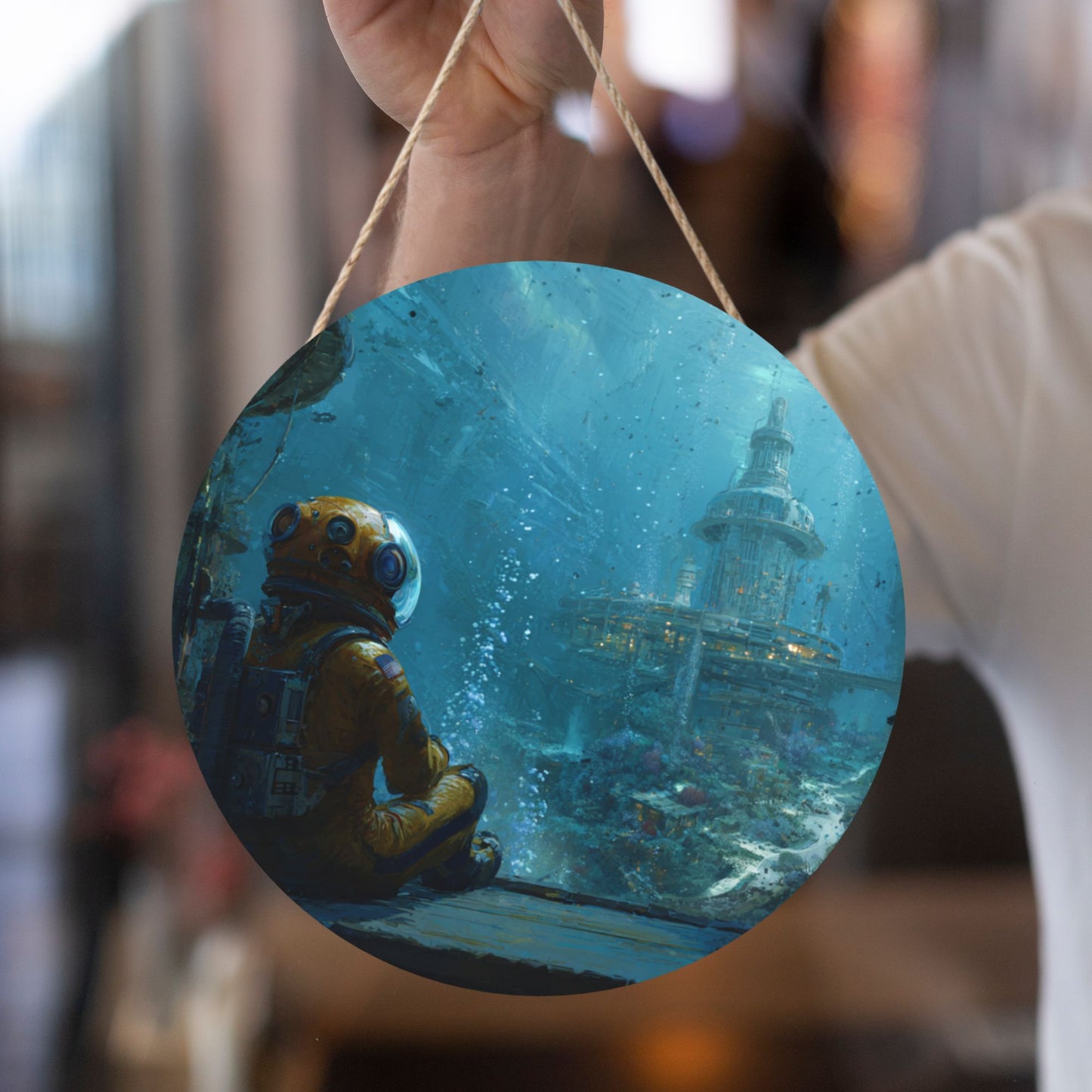Round Wooden Wall Art – Diver and Underwater Fantasy City, 12in/30cm Thick Wood Waterproof Hanging Artwork