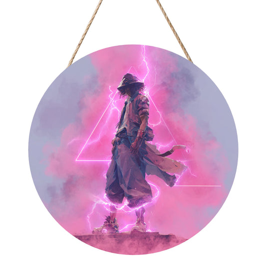 Round Wooden Wall Art – Neon Lightning Samurai Artwork, 12in/30cm Waterproof Thick Wood Hanging Décor