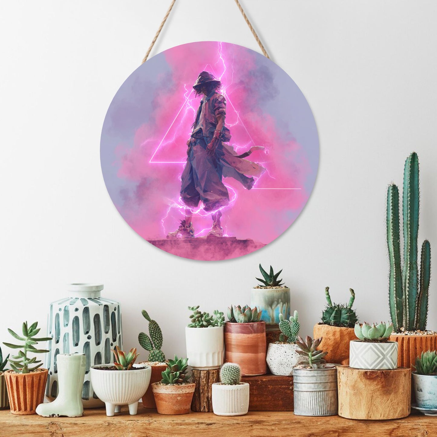Round Wooden Wall Art – Neon Lightning Samurai Artwork, 12in/30cm Waterproof Thick Wood Hanging Décor