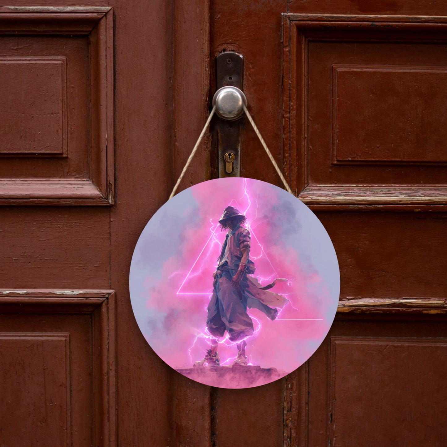 Round Wooden Wall Art – Neon Lightning Samurai Artwork, 12in/30cm Waterproof Thick Wood Hanging Décor