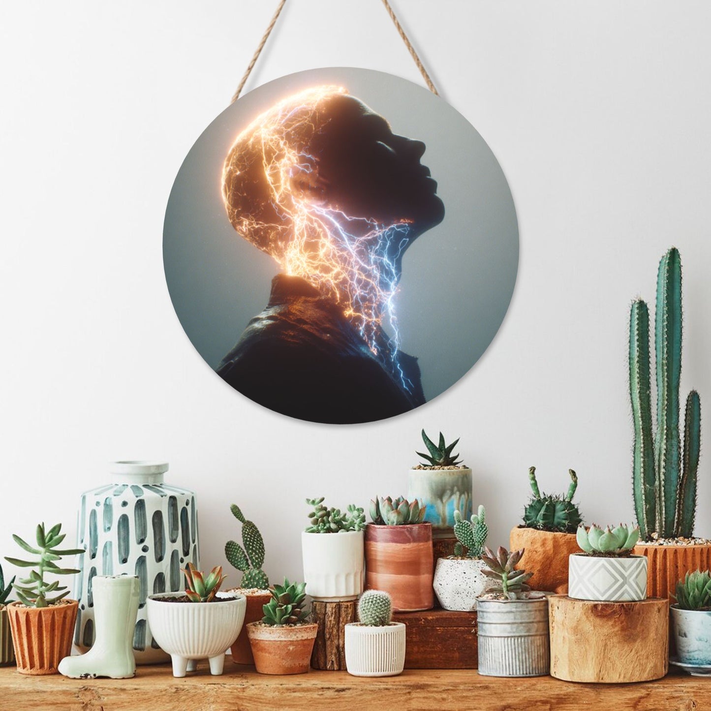 Round Wooden Wall Art – Electric Portrait Design, 12in/30cm Waterproof Thick Wood Hanging Décor
