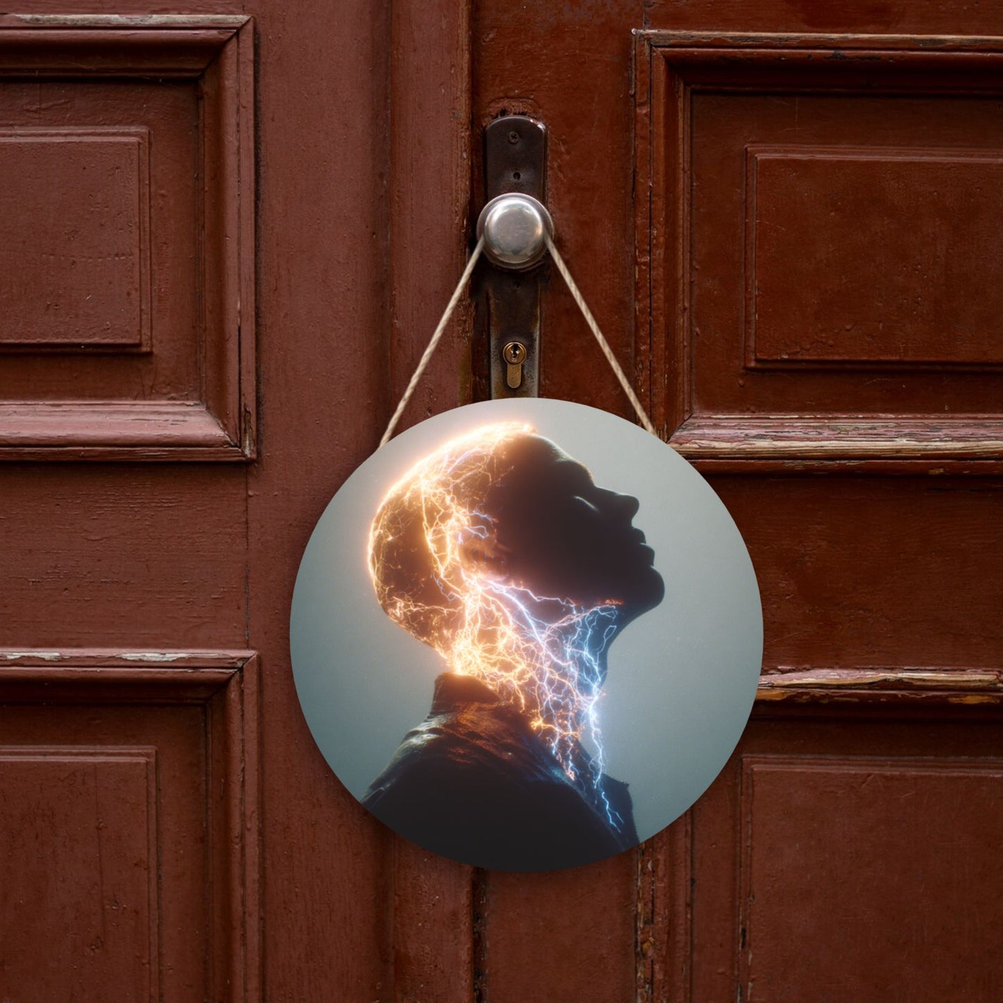 Round Wooden Wall Art – Electric Portrait Design, 12in/30cm Waterproof Thick Wood Hanging Décor