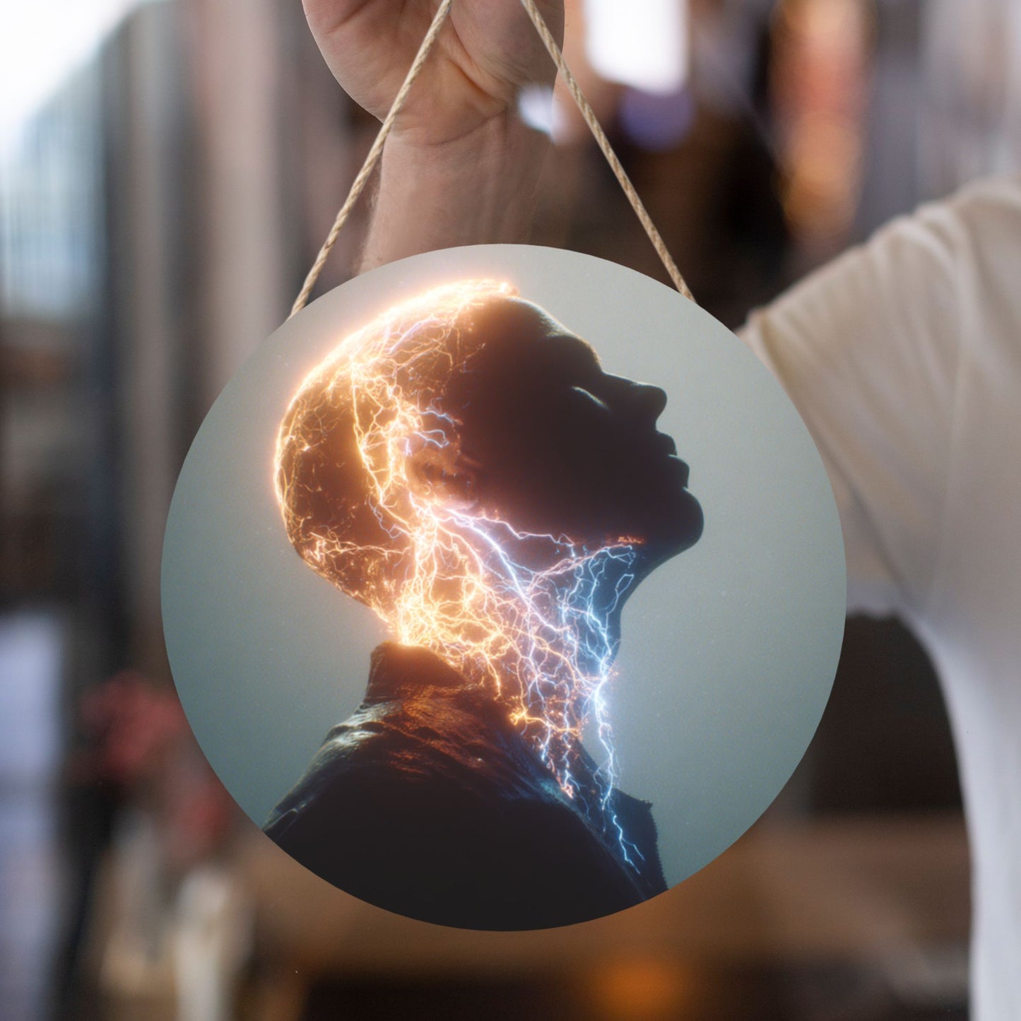 Round Wooden Wall Art – Electric Portrait Design, 12in/30cm Waterproof Thick Wood Hanging Décor