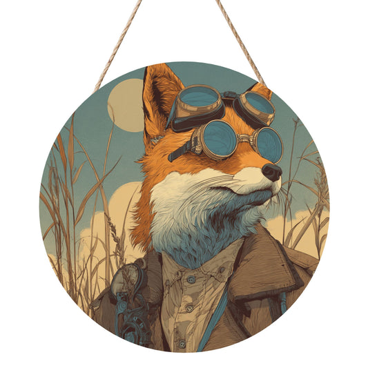 Round Wooden Wall Art – Gentleman Fox Illustration, 12in/30cm Waterproof Thick Wood Hanging Décor