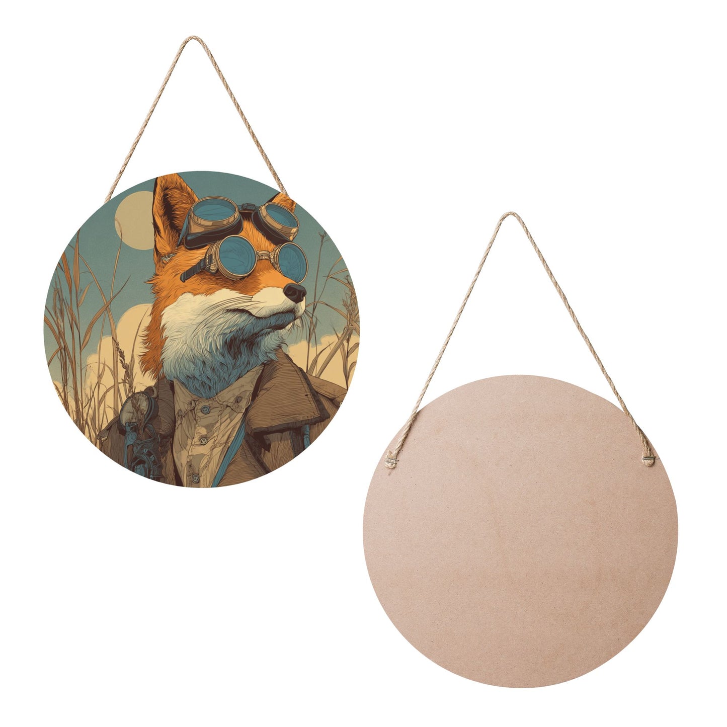 Round Wooden Wall Art – Gentleman Fox Illustration, 12in/30cm Waterproof Thick Wood Hanging Décor