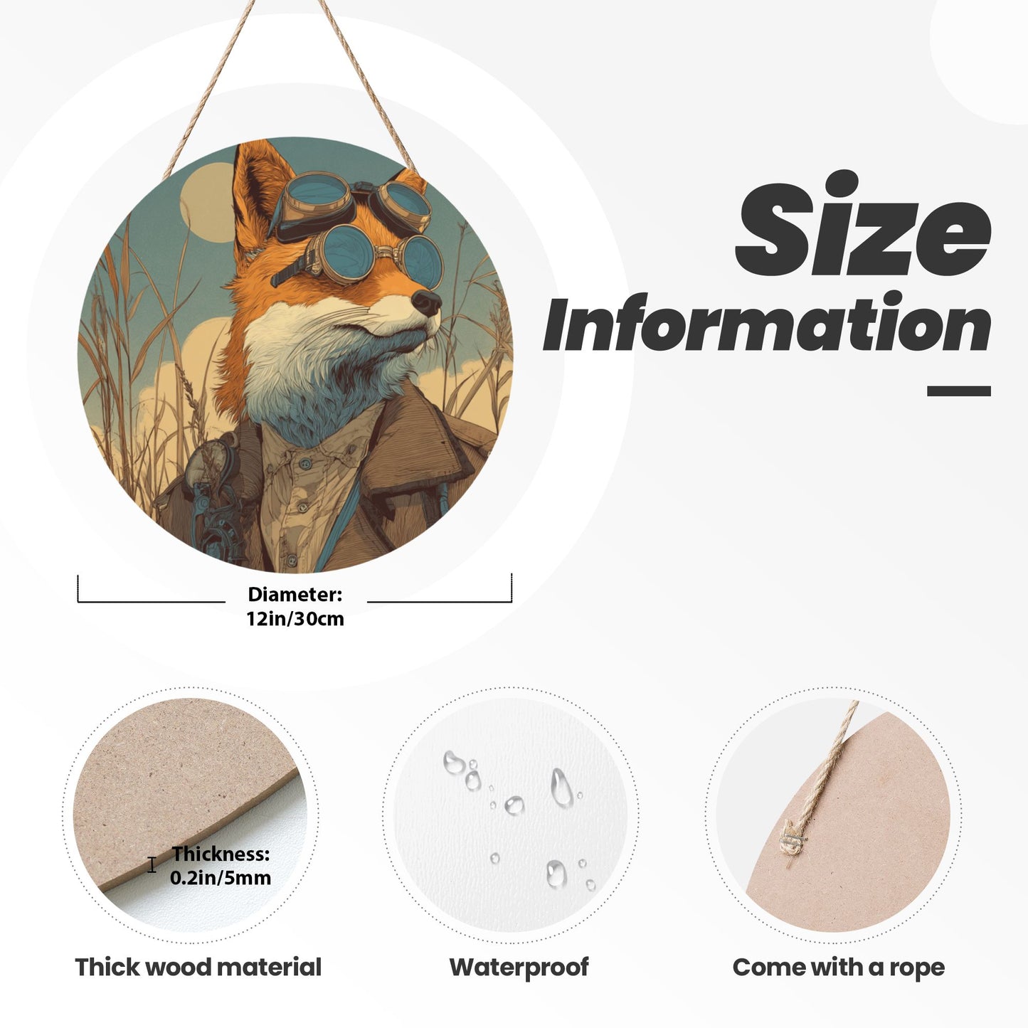 Round Wooden Wall Art – Gentleman Fox Illustration, 12in/30cm Waterproof Thick Wood Hanging Décor