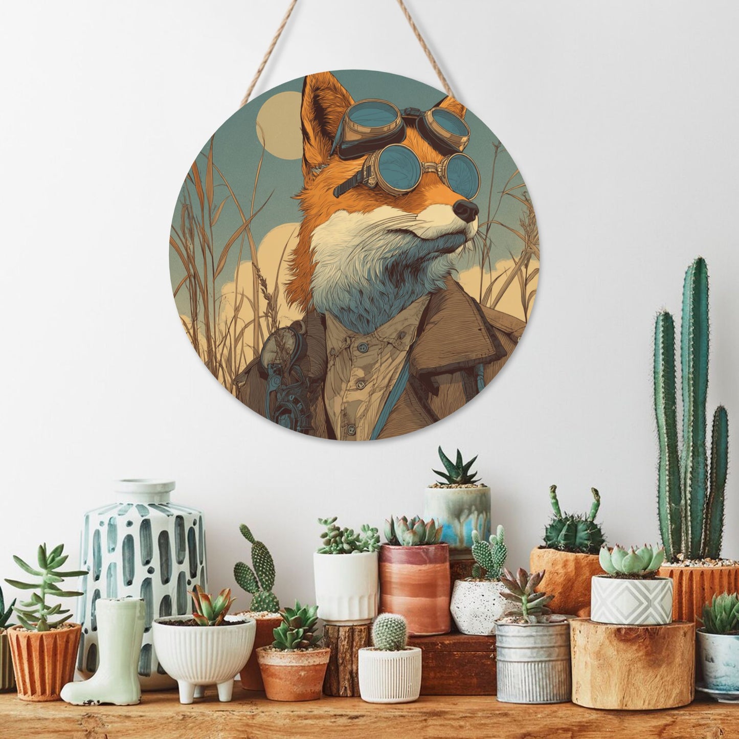 Round Wooden Wall Art – Gentleman Fox Illustration, 12in/30cm Waterproof Thick Wood Hanging Décor