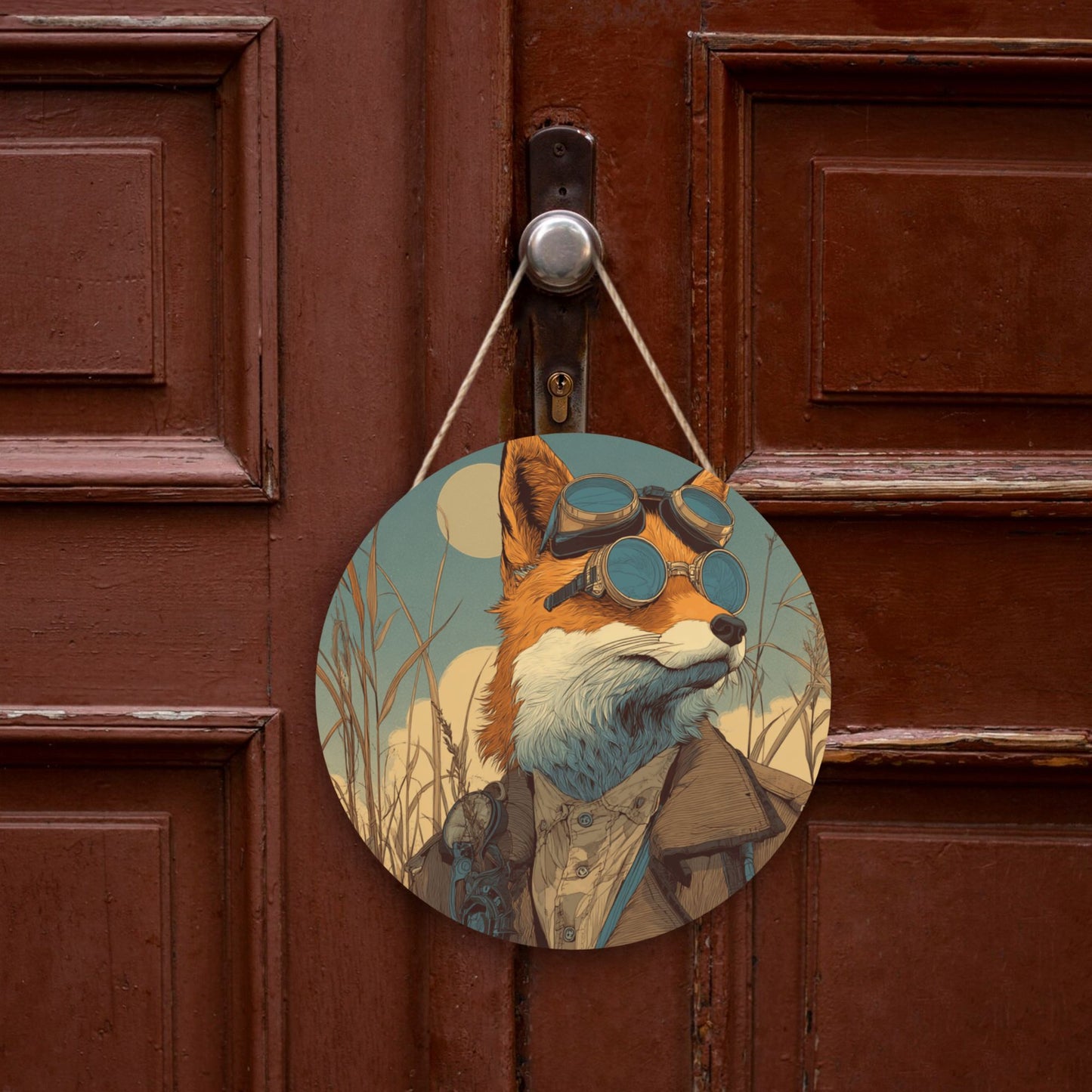 Round Wooden Wall Art – Gentleman Fox Illustration, 12in/30cm Waterproof Thick Wood Hanging Décor