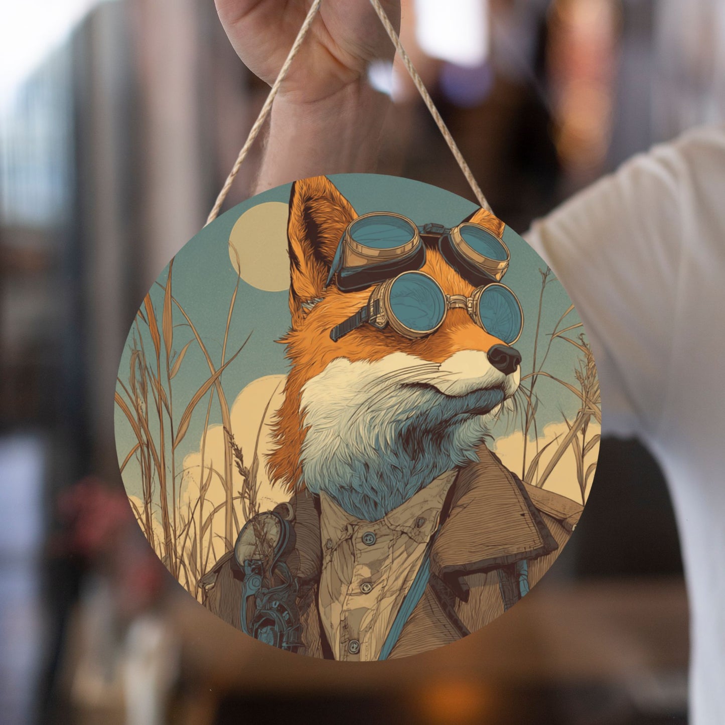 Round Wooden Wall Art – Gentleman Fox Illustration, 12in/30cm Waterproof Thick Wood Hanging Décor