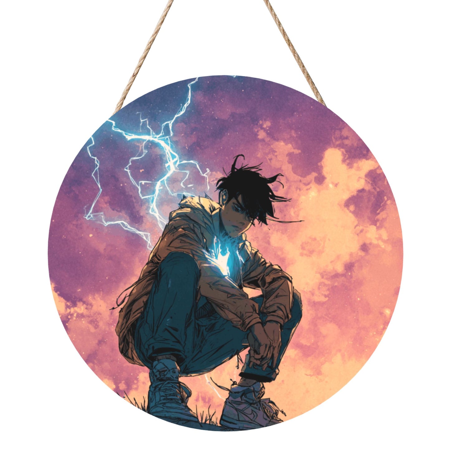 Round Wooden Wall Art – Lightning Boy Illustration, 12in/30cm Waterproof Thick Wood Hanging Décor