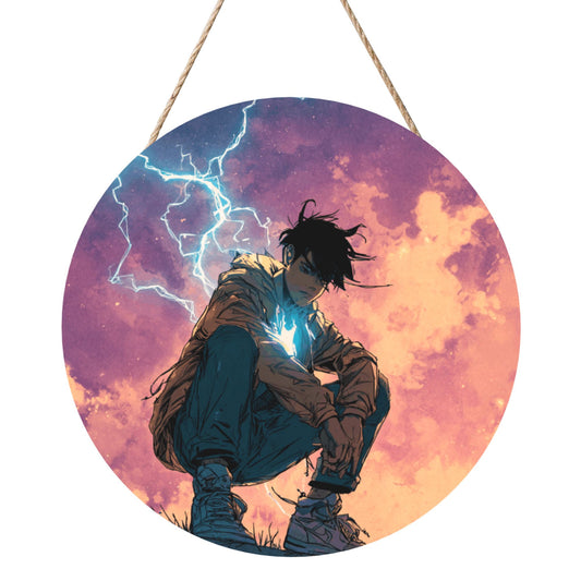 Round Wooden Wall Art – Lightning Boy Illustration, 12in/30cm Waterproof Thick Wood Hanging Décor