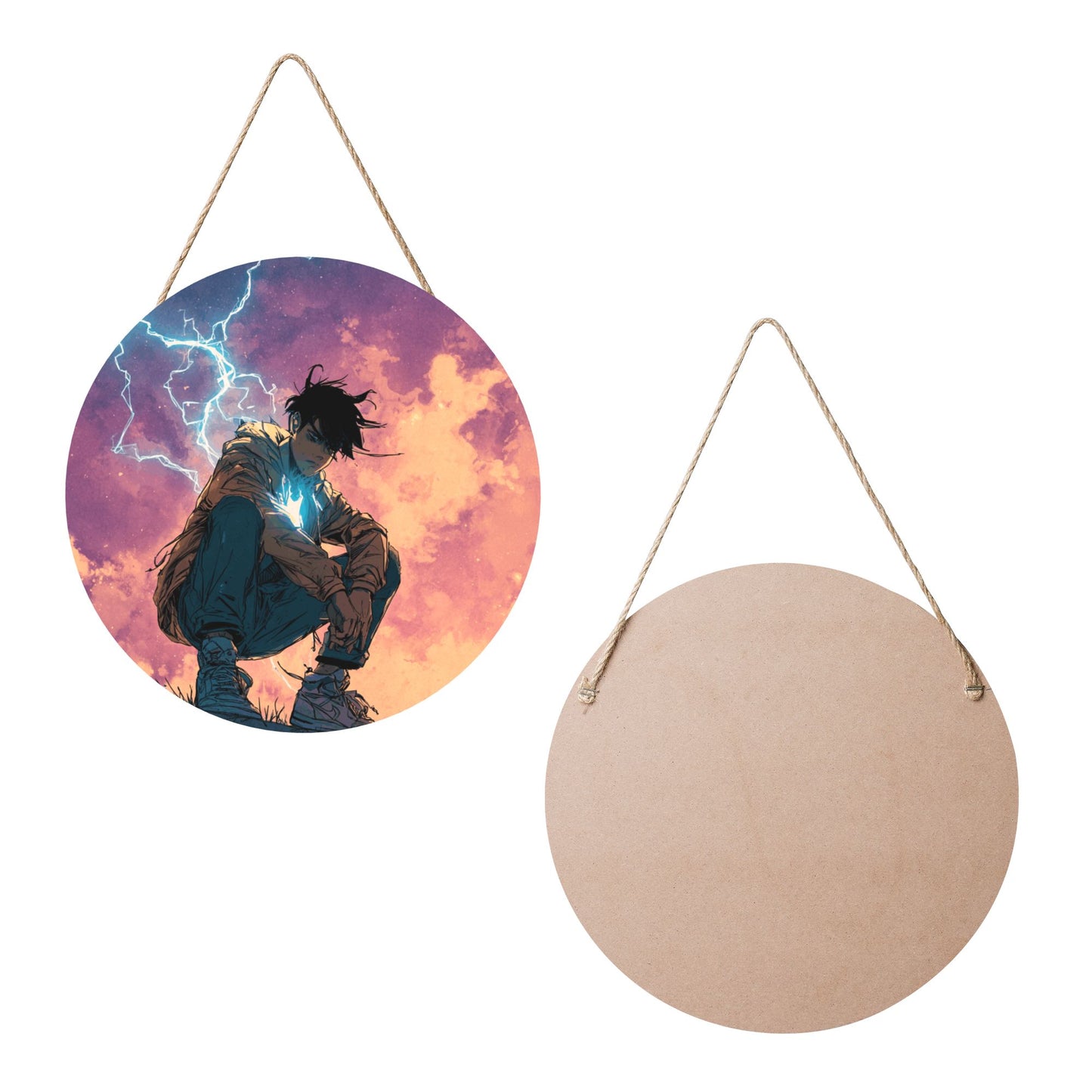 Round Wooden Wall Art – Lightning Boy Illustration, 12in/30cm Waterproof Thick Wood Hanging Décor