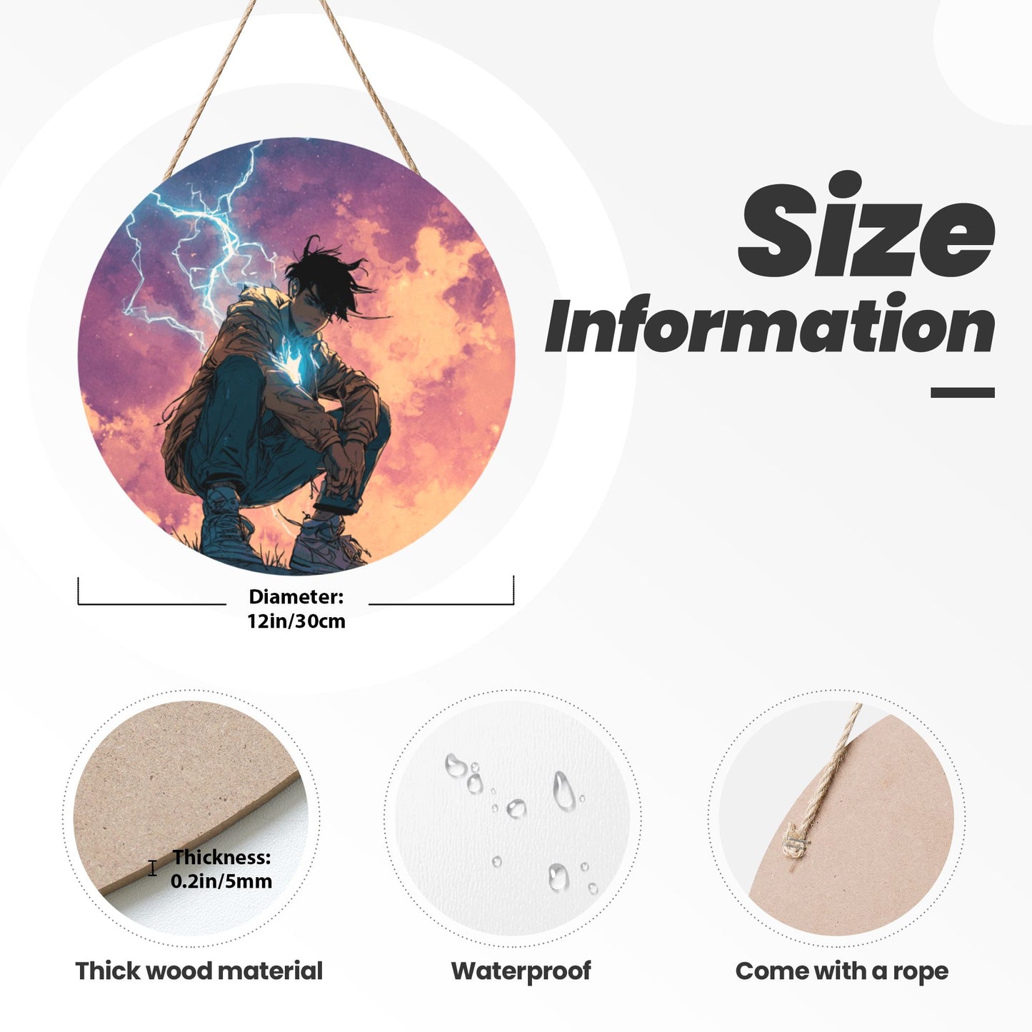 Round Wooden Wall Art – Lightning Boy Illustration, 12in/30cm Waterproof Thick Wood Hanging Décor