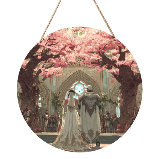 Round Wooden Wall Art – Cherry Blossom Wedding Fantasy Scene, 12in/30cm Waterproof Thick Wood Hanging Décor