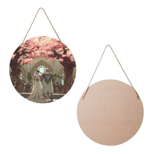 Round Wooden Wall Art – Cherry Blossom Wedding Fantasy Scene, 12in/30cm Waterproof Thick Wood Hanging Décor