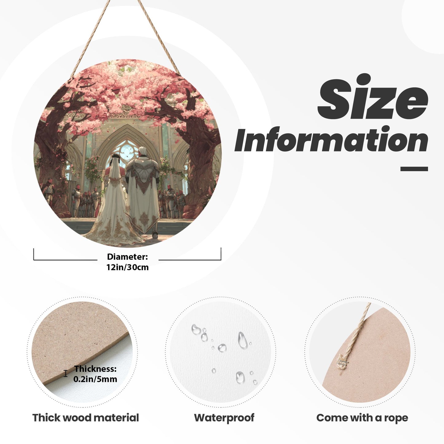 Round Wooden Wall Art – Cherry Blossom Wedding Fantasy Scene, 12in/30cm Waterproof Thick Wood Hanging Décor