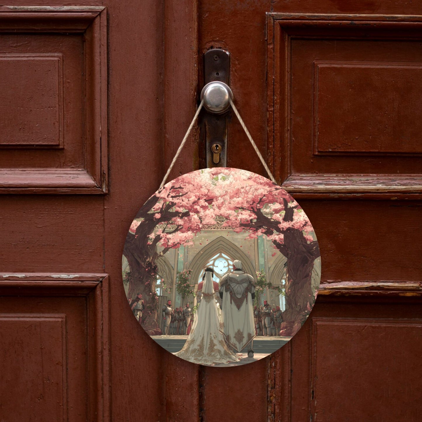 Round Wooden Wall Art – Cherry Blossom Wedding Fantasy Scene, 12in/30cm Waterproof Thick Wood Hanging Décor
