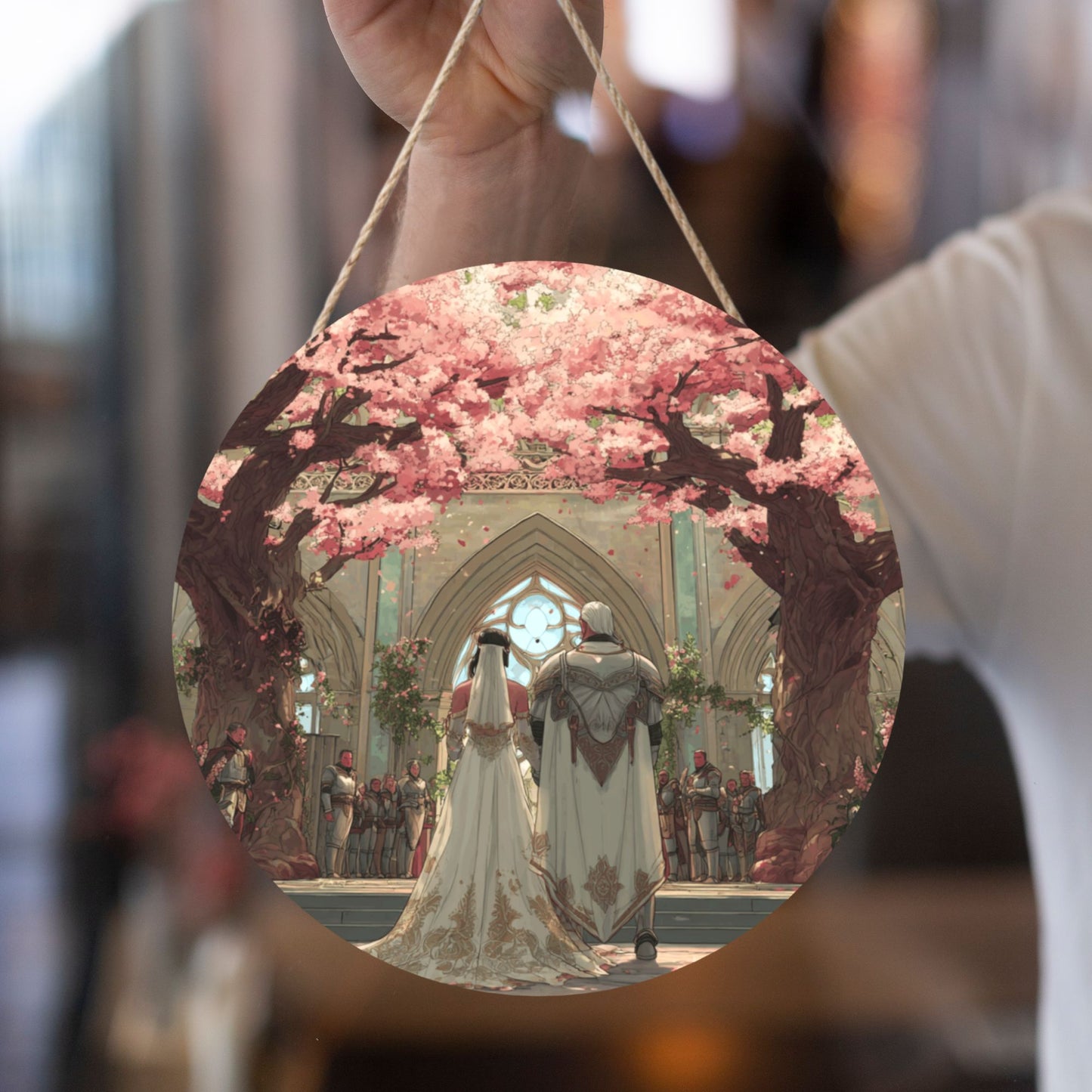 Round Wooden Wall Art – Cherry Blossom Wedding Fantasy Scene, 12in/30cm Waterproof Thick Wood Hanging Décor