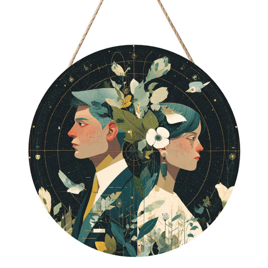 Round Wooden Wall Art – Floral Couple Portrait Illustration, 12in/30cm Waterproof Thick Wood Hanging Décor