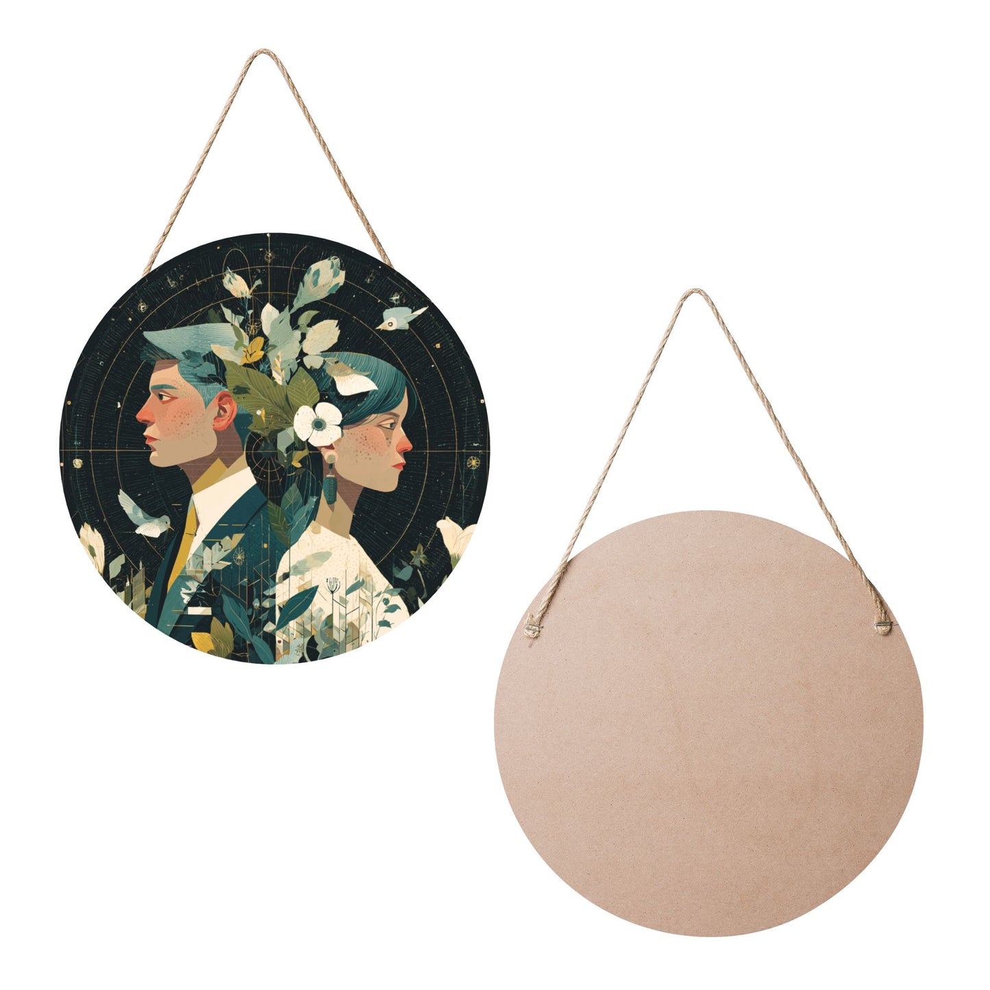 Round Wooden Wall Art – Floral Couple Portrait Illustration, 12in/30cm Waterproof Thick Wood Hanging Décor