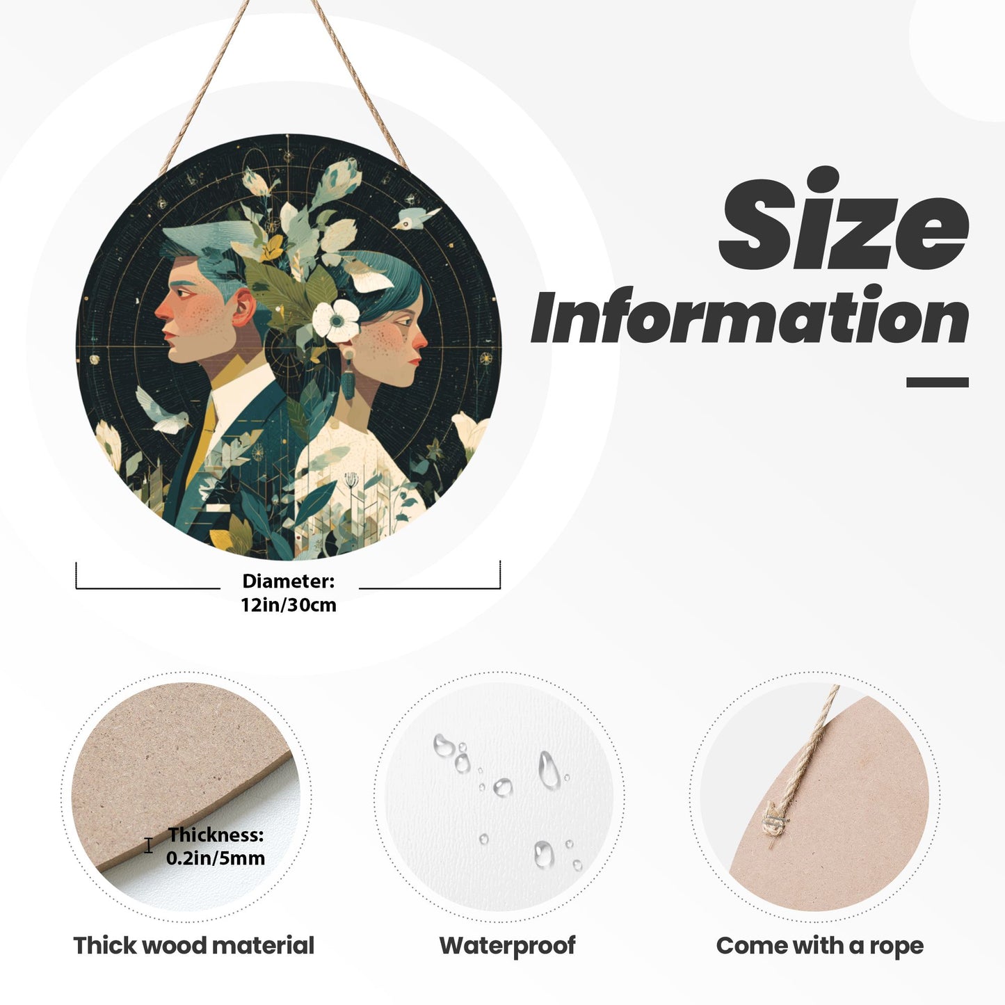 Round Wooden Wall Art – Floral Couple Portrait Illustration, 12in/30cm Waterproof Thick Wood Hanging Décor