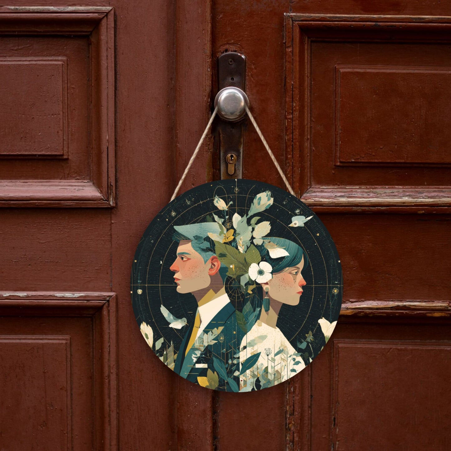 Round Wooden Wall Art – Floral Couple Portrait Illustration, 12in/30cm Waterproof Thick Wood Hanging Décor