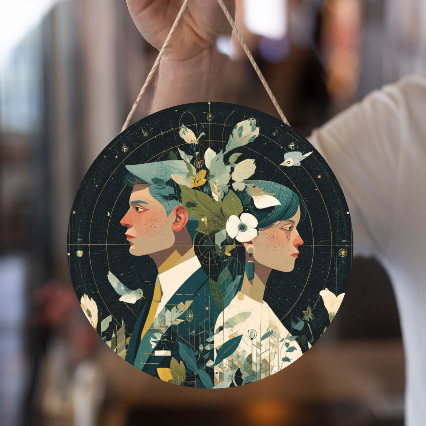 Round Wooden Wall Art – Floral Couple Portrait Illustration, 12in/30cm Waterproof Thick Wood Hanging Décor