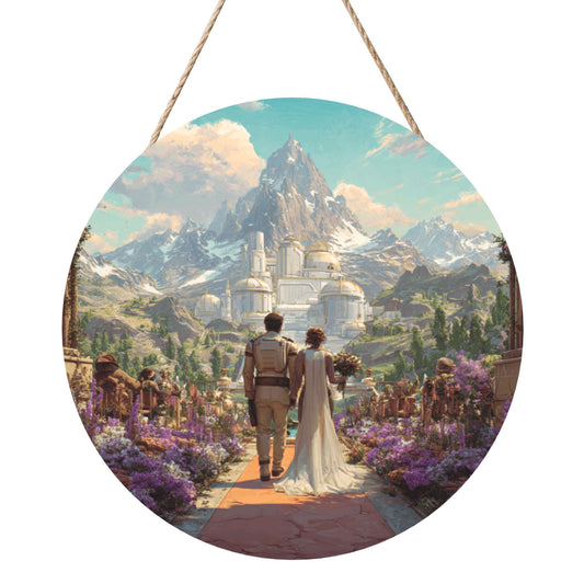 Round Wooden Wall Art – Mountain Castle Wedding Fantasy, 12in/30cm Waterproof Thick Wood Hanging Décor