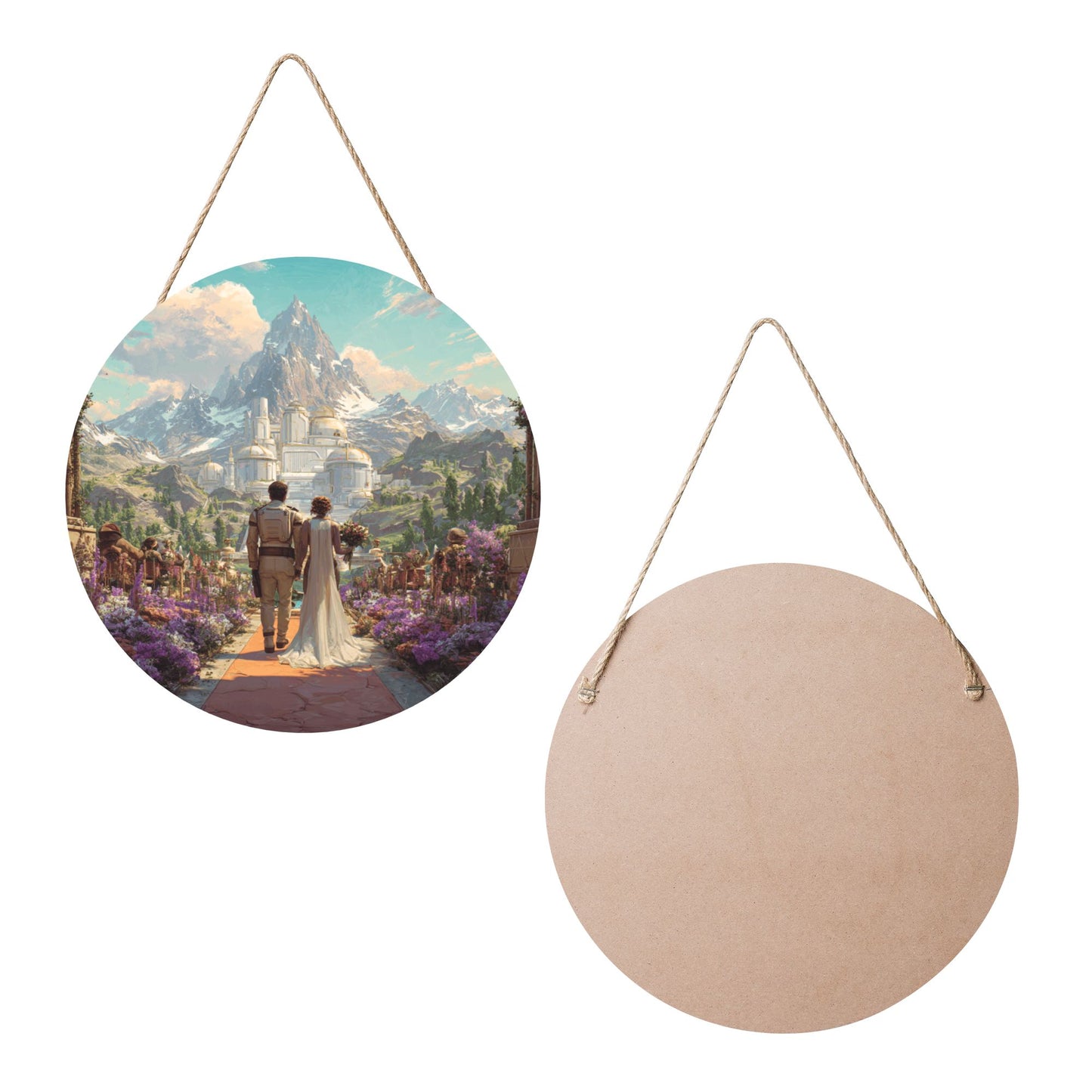 Round Wooden Wall Art – Mountain Castle Wedding Fantasy, 12in/30cm Waterproof Thick Wood Hanging Décor