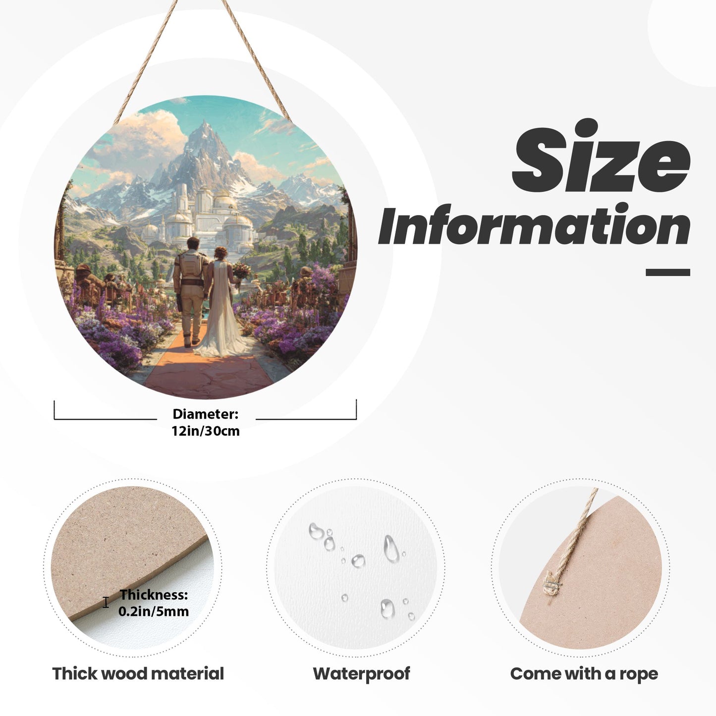 Round Wooden Wall Art – Mountain Castle Wedding Fantasy, 12in/30cm Waterproof Thick Wood Hanging Décor