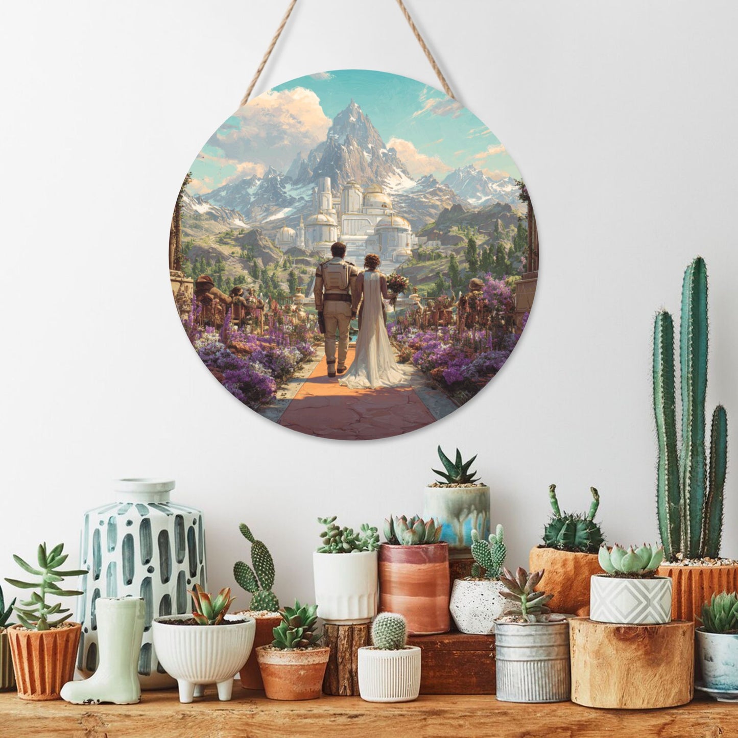 Round Wooden Wall Art – Mountain Castle Wedding Fantasy, 12in/30cm Waterproof Thick Wood Hanging Décor