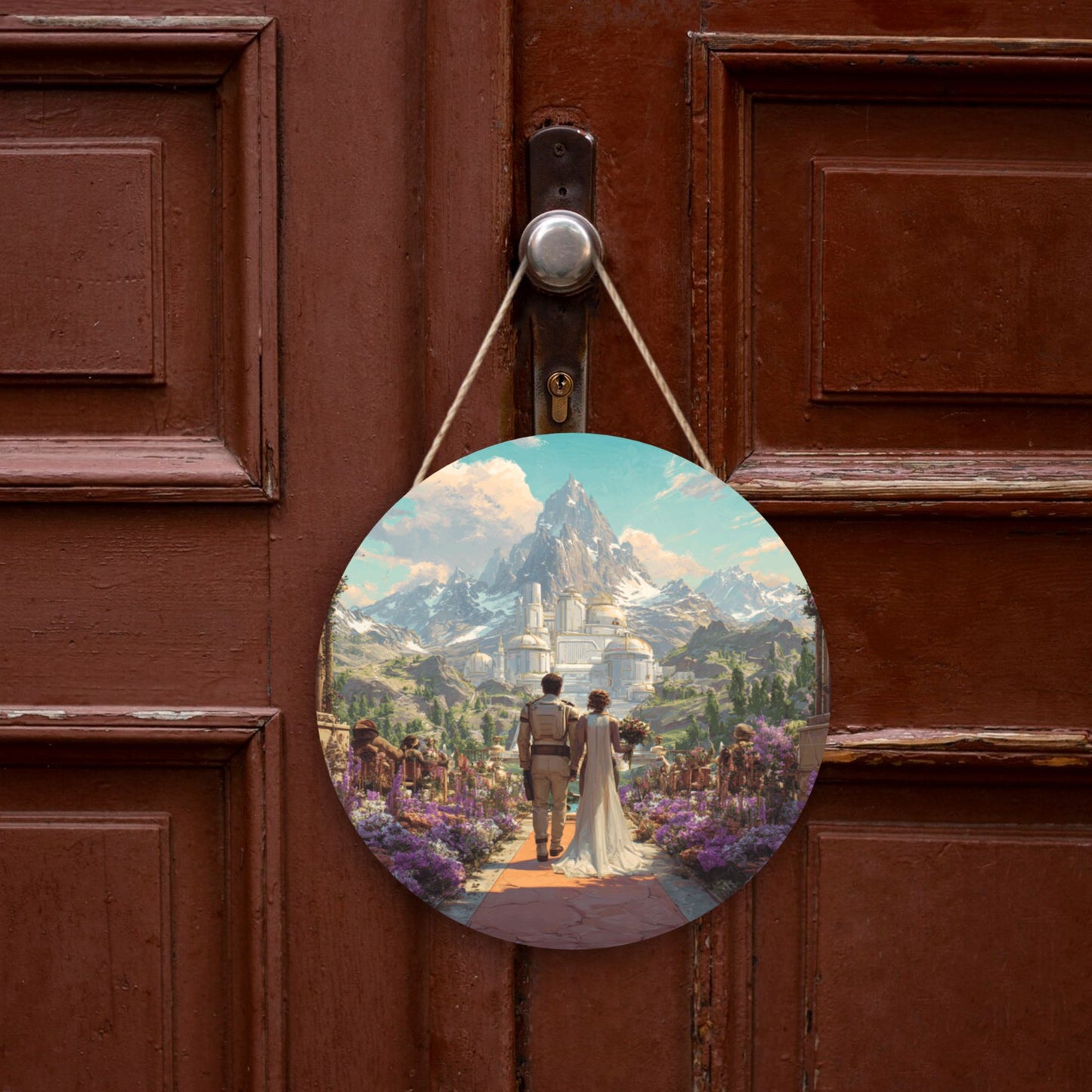 Round Wooden Wall Art – Mountain Castle Wedding Fantasy, 12in/30cm Waterproof Thick Wood Hanging Décor