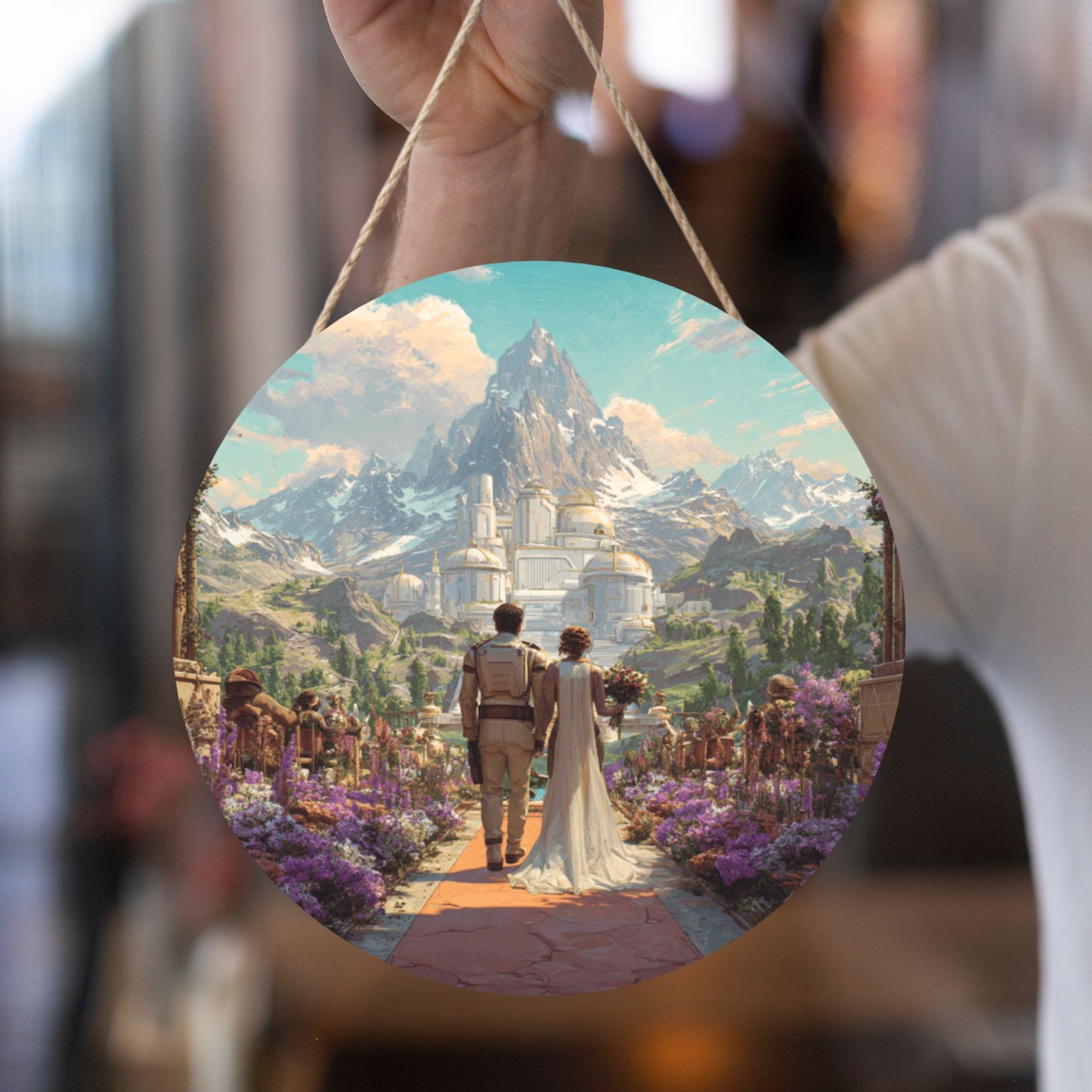 Round Wooden Wall Art – Mountain Castle Wedding Fantasy, 12in/30cm Waterproof Thick Wood Hanging Décor