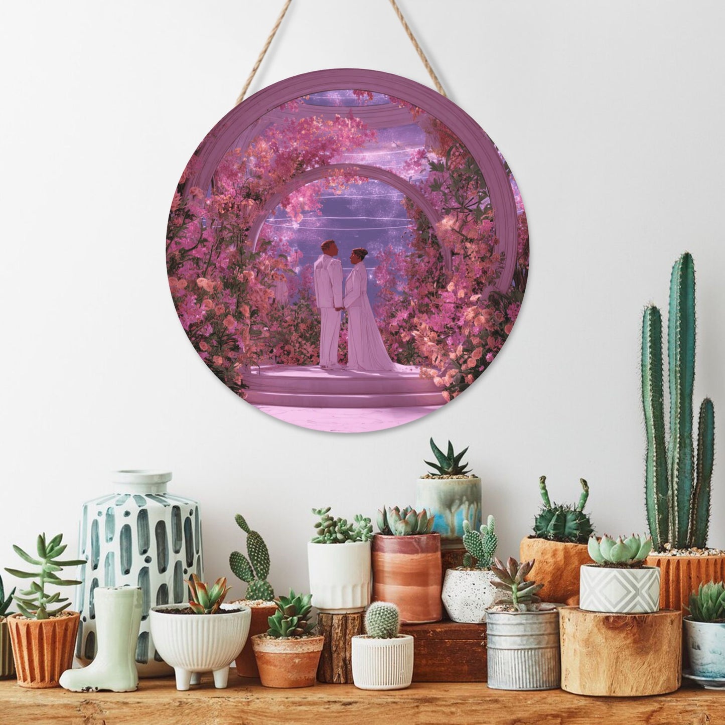 Round Wooden Wall Art – Dreamy Floral Wedding Hall, 12in/30cm Waterproof Thick Wood Hanging Décor