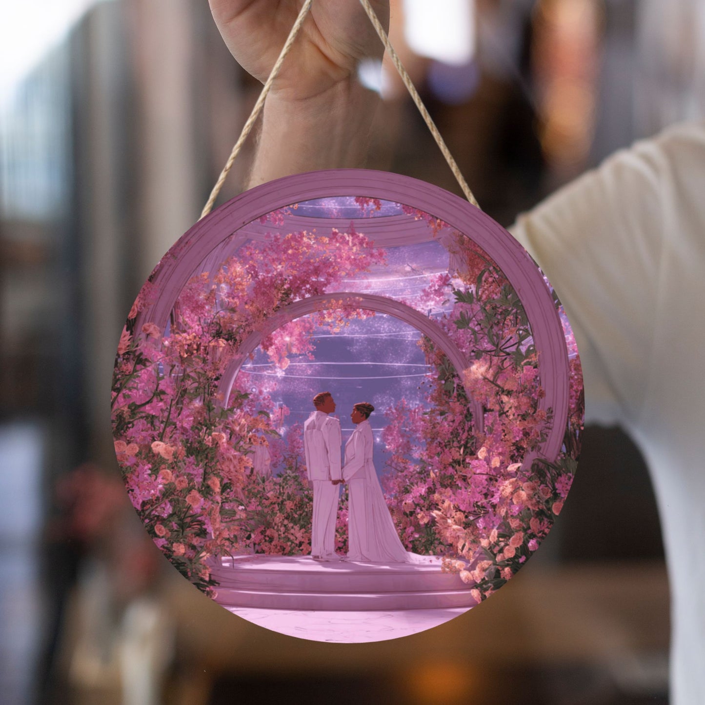Round Wooden Wall Art – Dreamy Floral Wedding Hall, 12in/30cm Waterproof Thick Wood Hanging Décor