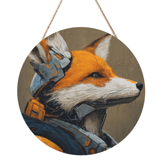 Round Wooden Wall Art – Cybernetic Fox Illustration, 12in/30cm Waterproof Thick Wood Hanging Décor