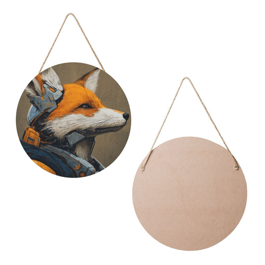 Round Wooden Wall Art – Cybernetic Fox Illustration, 12in/30cm Waterproof Thick Wood Hanging Décor