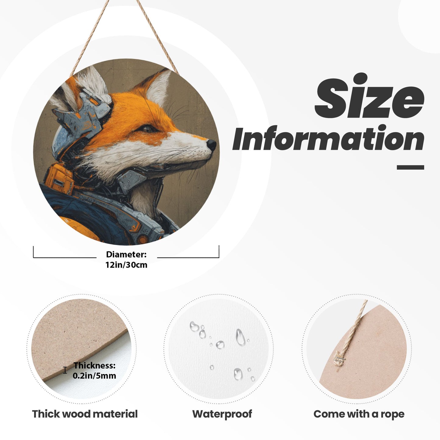 Round Wooden Wall Art – Cybernetic Fox Illustration, 12in/30cm Waterproof Thick Wood Hanging Décor