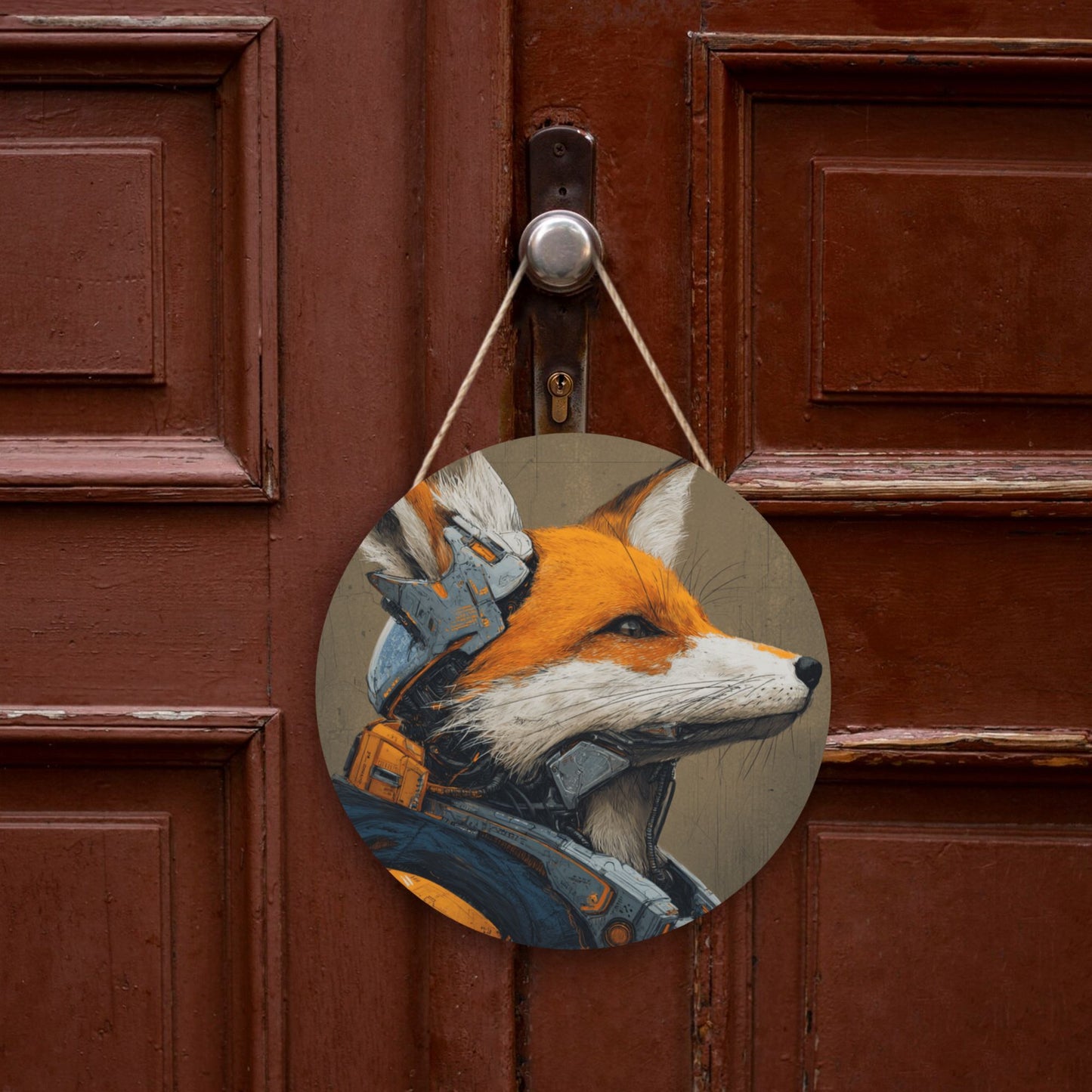 Round Wooden Wall Art – Cybernetic Fox Illustration, 12in/30cm Waterproof Thick Wood Hanging Décor