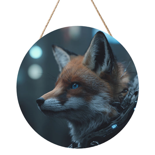 Round Wooden Wall Art – Futuristic Cyber Fox Realistic Artwork, 12in/30cm Waterproof Thick Wood Hanging Décor