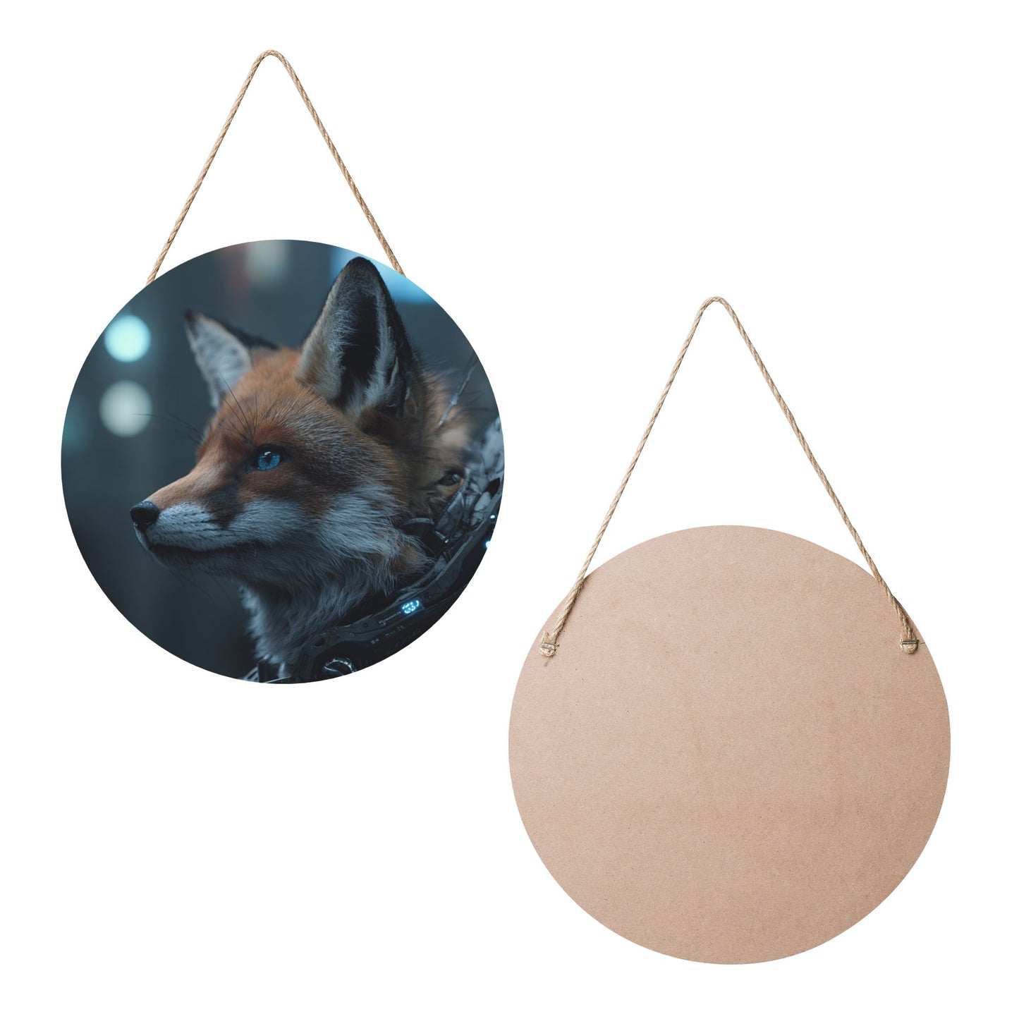 Round Wooden Wall Art – Futuristic Cyber Fox Realistic Artwork, 12in/30cm Waterproof Thick Wood Hanging Décor