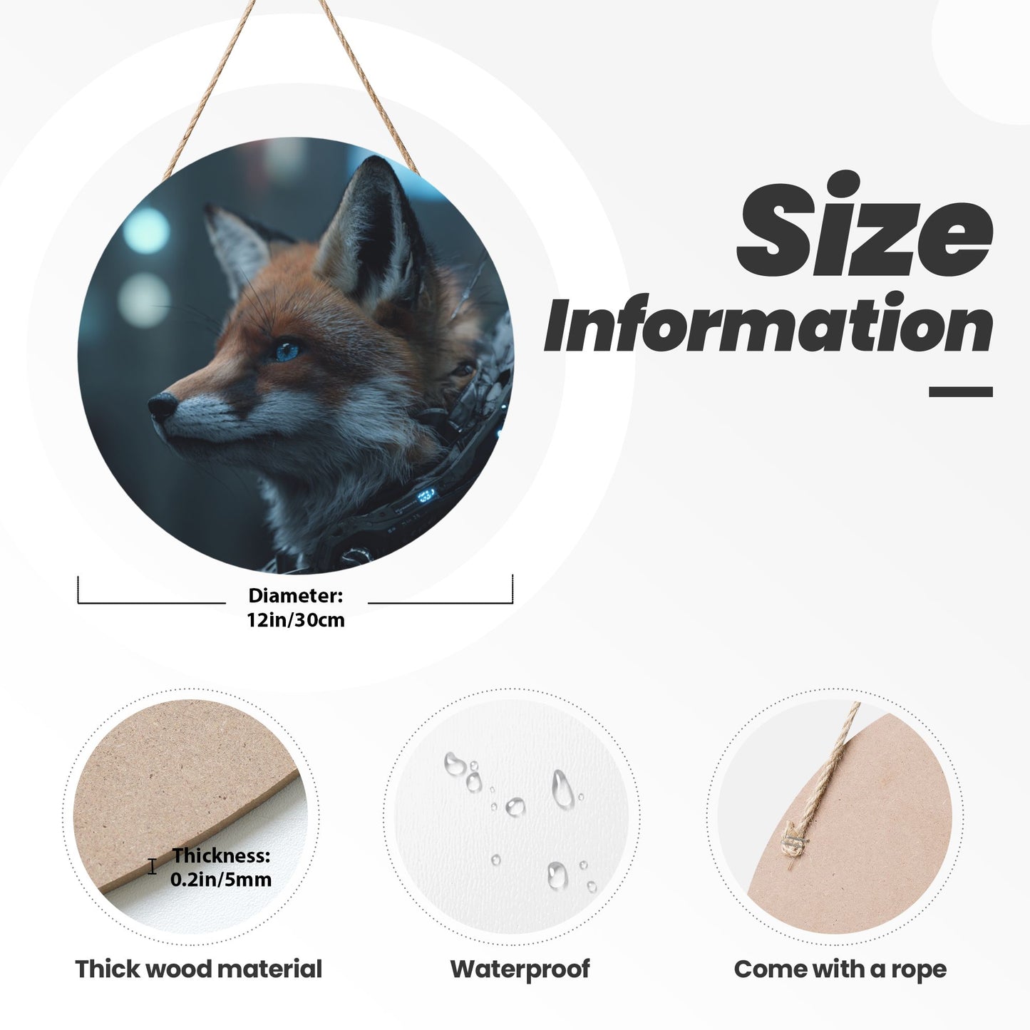 Round Wooden Wall Art – Futuristic Cyber Fox Realistic Artwork, 12in/30cm Waterproof Thick Wood Hanging Décor