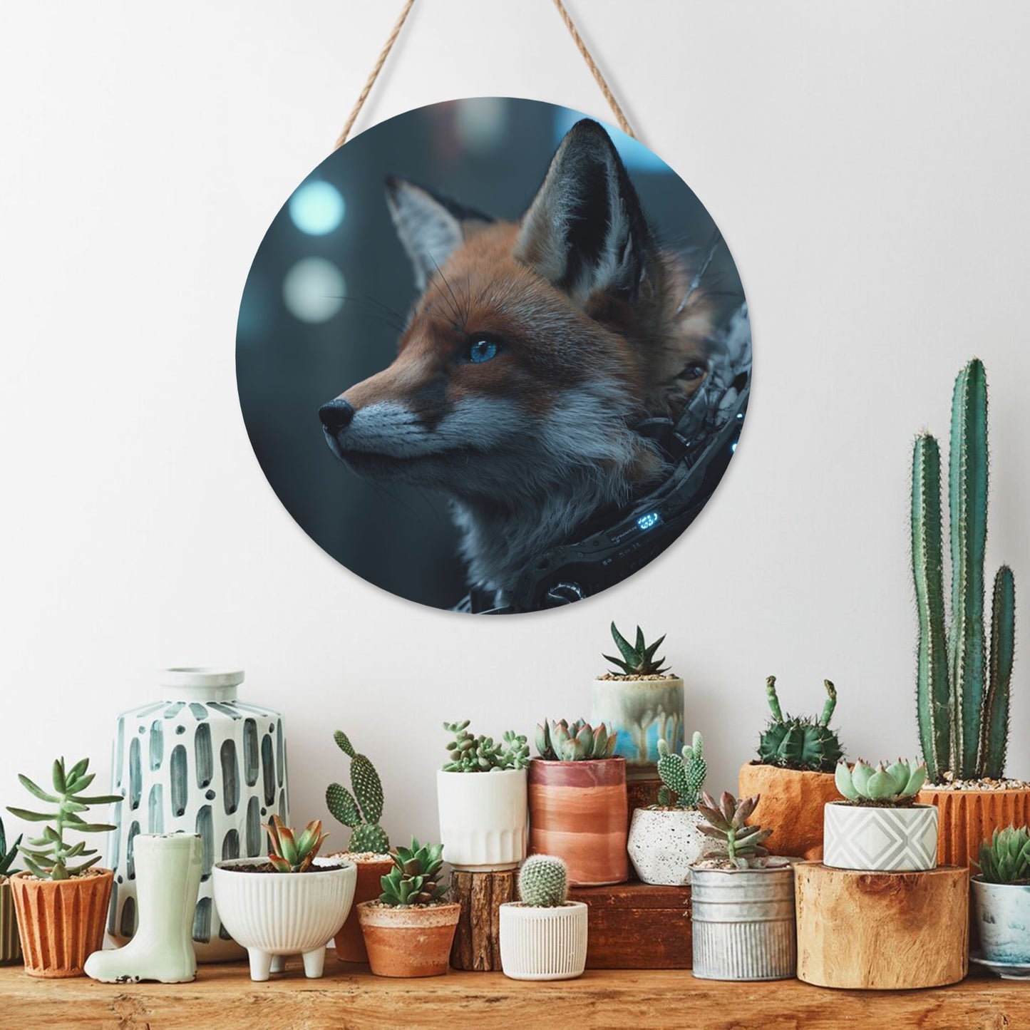 Round Wooden Wall Art – Futuristic Cyber Fox Realistic Artwork, 12in/30cm Waterproof Thick Wood Hanging Décor