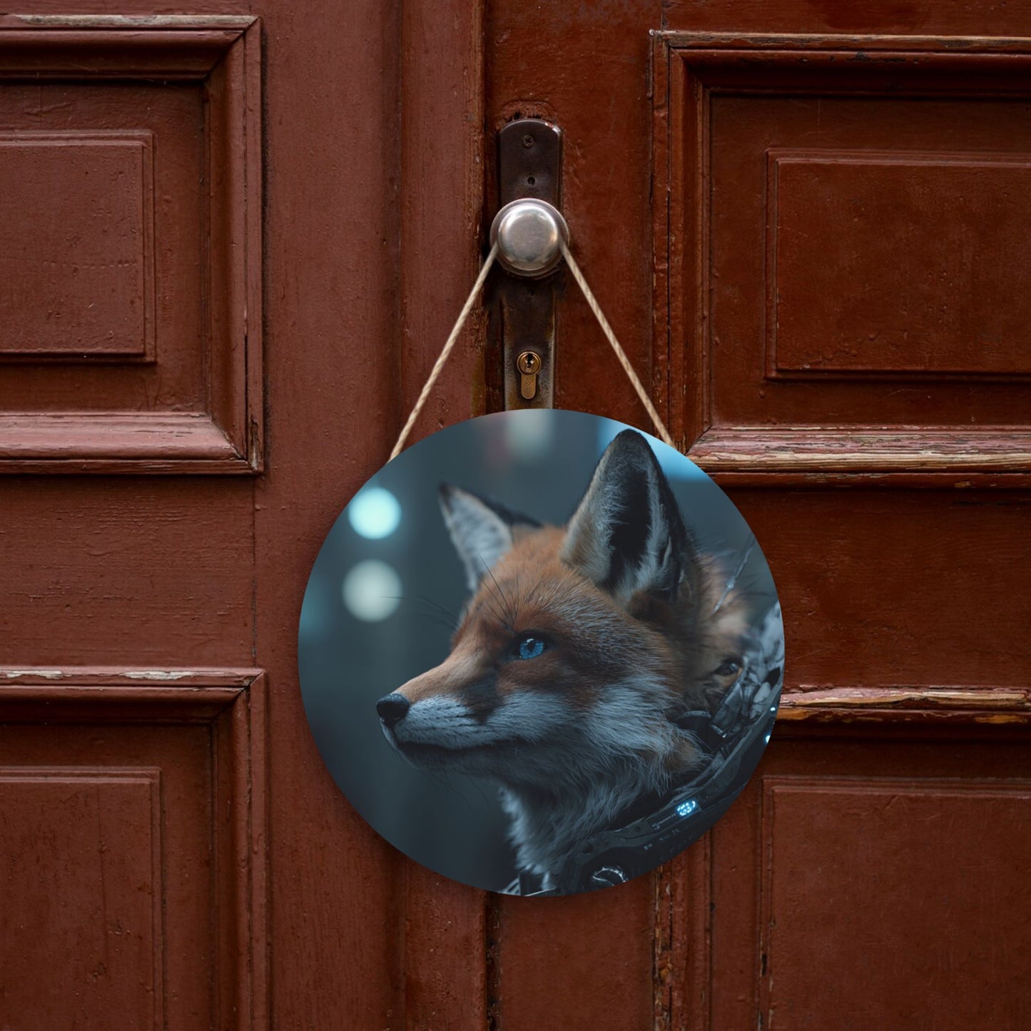 Round Wooden Wall Art – Futuristic Cyber Fox Realistic Artwork, 12in/30cm Waterproof Thick Wood Hanging Décor