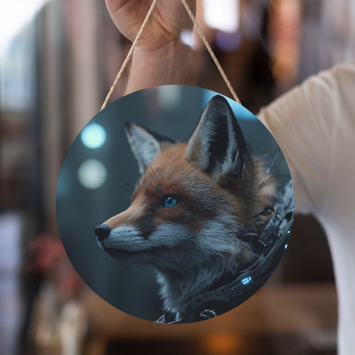 Round Wooden Wall Art – Futuristic Cyber Fox Realistic Artwork, 12in/30cm Waterproof Thick Wood Hanging Décor