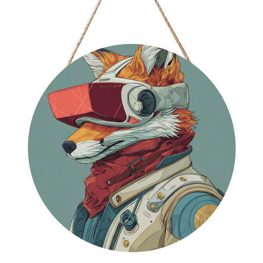 Round Wooden Wall Art – Sci-Fi Fox Illustration, 12in/30cm Waterproof Thick Wood Hanging Décor